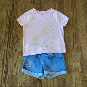 Cat & Jack Unicorn Graphic Tee & Denim Shorts, Size XS (4/5)